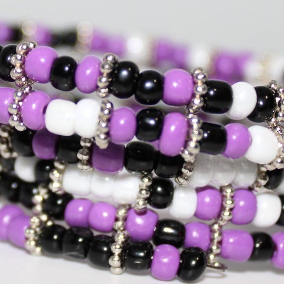 Purple Black White & Silver Memory/Wrap Bracelet - Picture 2 of 3